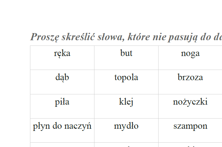 Karta pracy: wykreśl niepasujące słowo